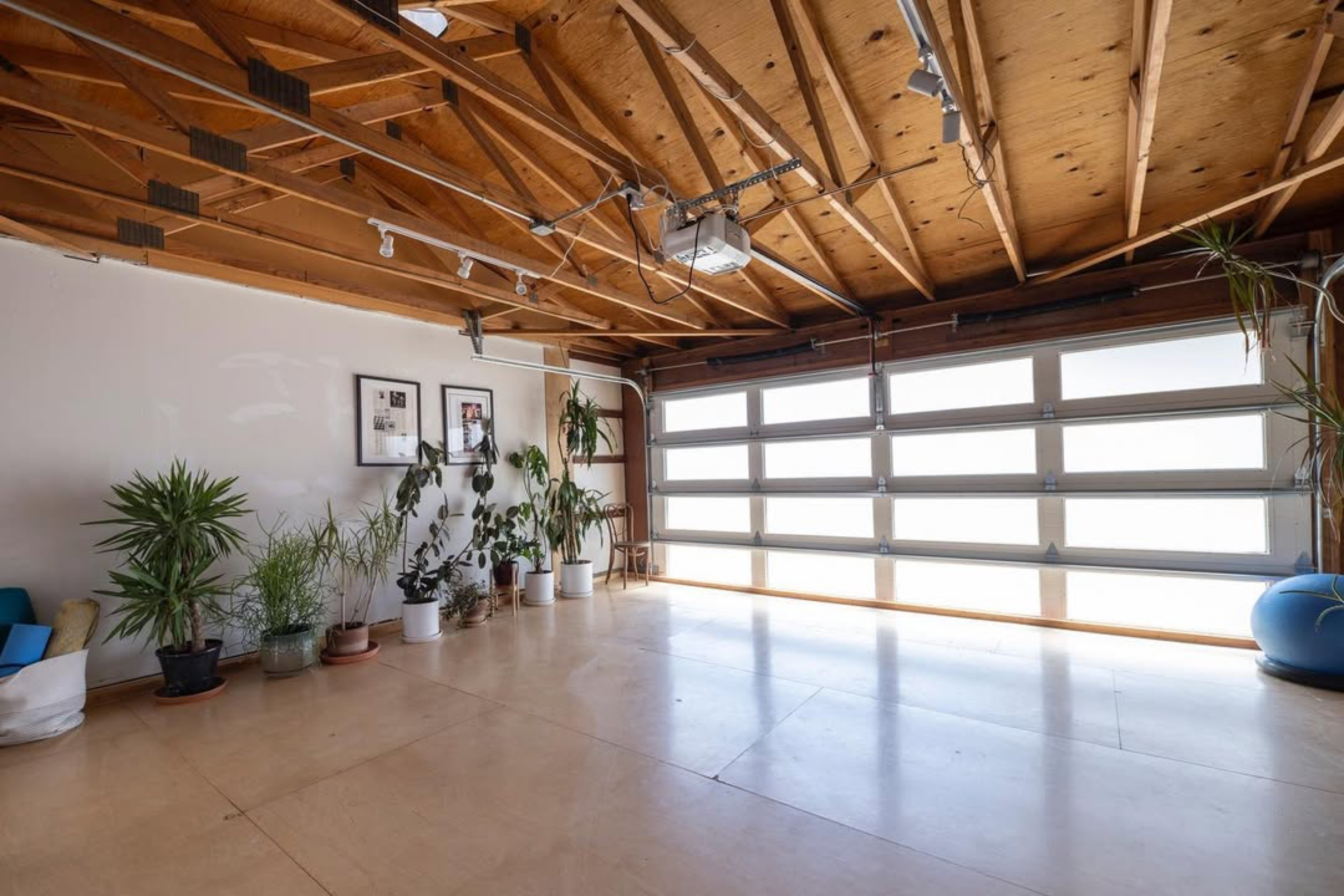 Movement studio with a garage door and plants